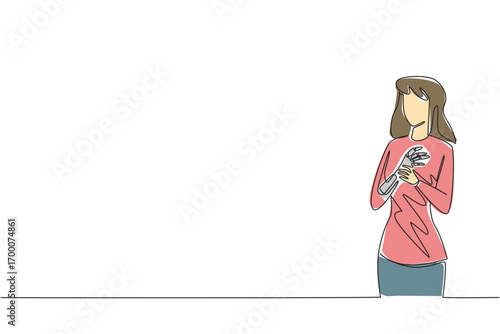 A single line drawing of a young woman with a prosthetic robotic arm, reflecting inclusivity, empowerment, and innovation for World Day for Assistive Technology, health concept.