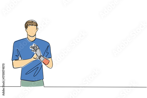 A continuous line drawing of a young man with a prosthetic robotic arm, representing empowerment, resilience, and innovation in medical support for World Day for Assistive Technology, science concept.