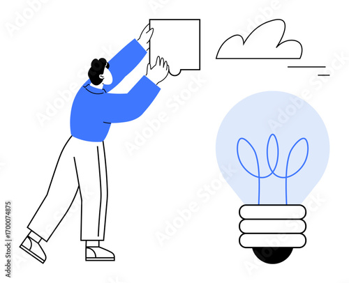 Individual holding a puzzle piece with a cloud above and a glowing bulb featuring plant-thumbs up filaments. Ideal for innovation, teamwork, problem-solving, sustainability, creativity, ecology