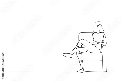 A continuous line drawing illustration of a woman with a prosthetic leg sitting gracefully on a chair. Inclusion and accessibility in the health concept of World Day for Assistive Technology