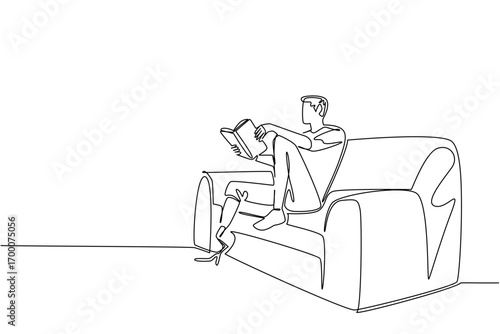A single line drawing artwork of a young man with a prosthetic leg relaxing on a sofa while reading a book, symbolizing independence and resilience for the World Day for Assistive Technology concept.