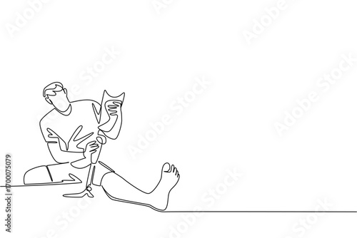 A one line drawing vector of a young man adjusting his prosthetic leg while seated, symbolizing adaptation, innovation, and strength for the World Day for Assistive Technology health concept.