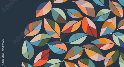 Geometric autumn leaf patterns in a rich palette of earthy tones and blues on a deep navy background