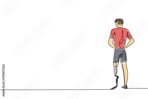 A single line drawing of a young man with a prosthetic leg in red sportswear, back rear view. symbolizing empowerment and inclusivity for World Day for Assistive Technology in a health concept.