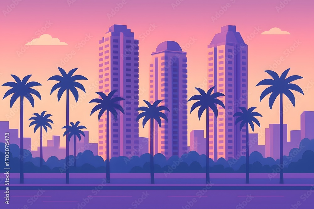 Obraz premium Illustration of Mumbai’s residential high-rise towers with rows of tall palm trees in the foreground under a dreamy tropical sunset.