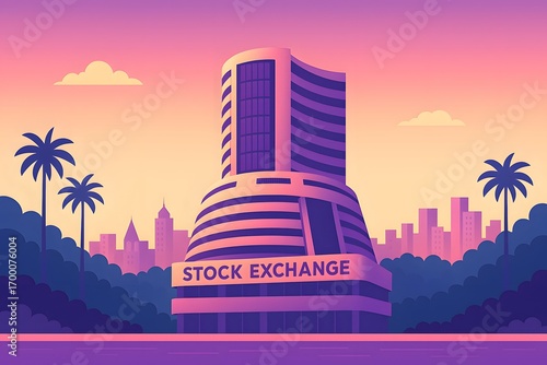Vector art of the iconic Bombay Stock Exchange (BSE) building in Mumbai surrounded by city skyline and palm trees under a vibrant sunset.