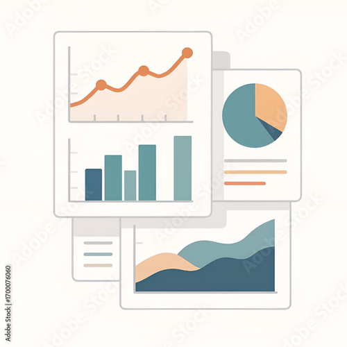 Financial reports illustration with charts including line, bar, pie, and area graphs
