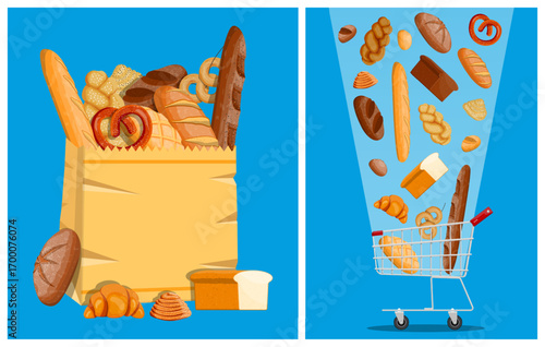 A collection of various fresh baked goods in a paper bag and falling into a shopping cart. Bakery product isolated on blue background vector illustration.