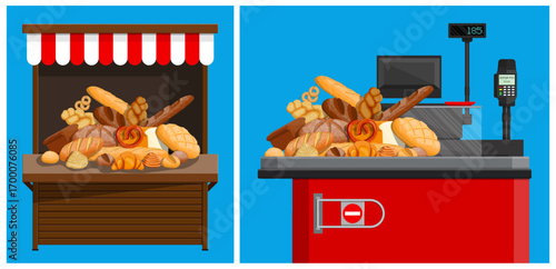 Bakery with awning counter and checkout desk full of bread, bagel, croissant. Fresh baked goods shop interior. Grocery store concept.