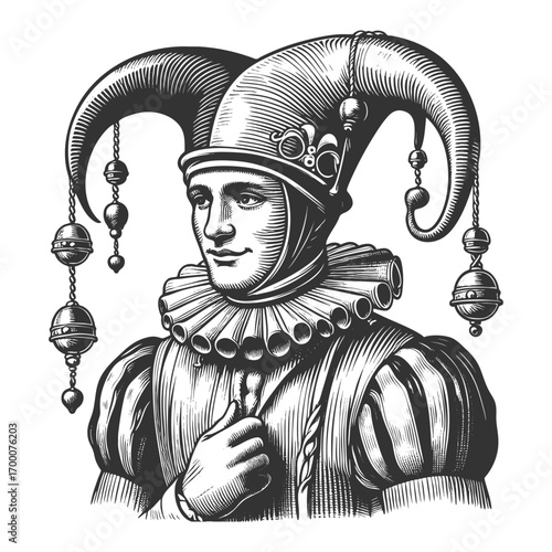 court jester wearing a traditional hat with bells, ornate clothing, and ruffled collar sketch engraving generative ai fictional character vector illustration. Scratch board. Black and white image.