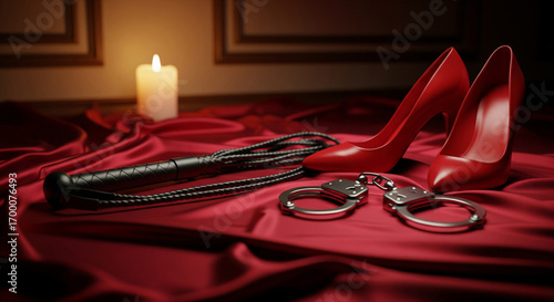 BDSM atmosphere, deviant sexual behavior with riding whip, handcuffs, red high heel shoes on silk fabric, sexy intimate atmosphere