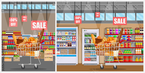 Shopping cart with food products in supermarket on sale. Grocery store interior with shelves, discount, and discount offer icon. Store, shop, market, concept.