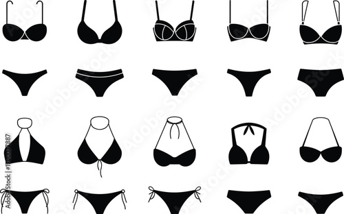 Collection of stylish bikini silhouettes with fashionable swimwear tops and bottoms, modern vector illustration design for fashion, summer, beach, style.
