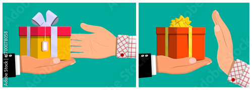 Man making a gift and man refusing gift. Flat style vector set collection illustration for holiday concept.