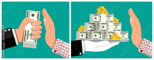 A man receiving money into his hand, while another hand pushing away a tray full of cash and coins. Financial rejection and refusal to take illicit gains.
