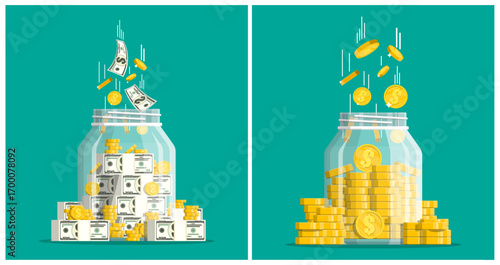 Money falling into glass jar. Income dropping and investment growth concept. Financial saving and banking. Budget plan.