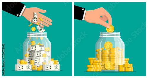 Male hand putting cash money into a glass jar. Saving and accumulating finances for future investment concept.