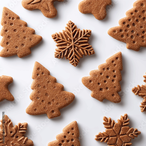 Festive gingerbread cookies arranged in a Christmas pattern on a clean white background holiday season theme