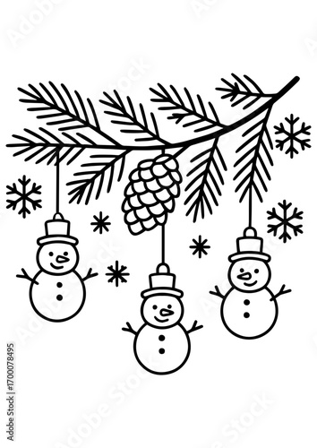Black and white vector illustration of a Christmas tree branch with snowman ornaments, perfect for engraving, prints, laser cutting, and holiday projects