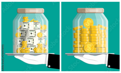 Hand holding tray with jars of money. Saving money concept showing cash versus gold coins. Financial deposit and investment growth.