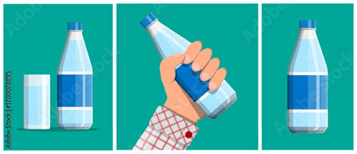 Water bottle, full glass, and man holding bottle. Hydration concept. Healthy drink vector illustration. Clean water supply.