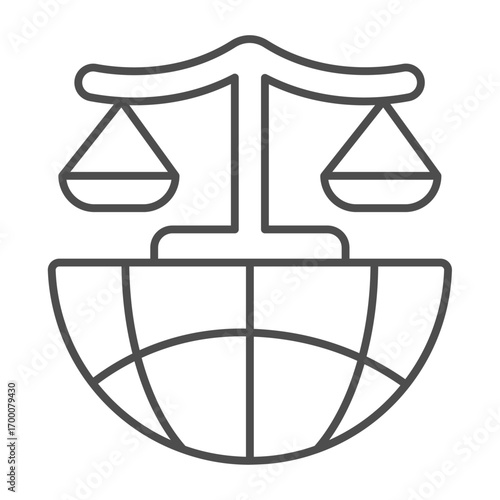 World globe and scales thin line icon, police force concept. Vector graphics. Order of global justice, law and order sign on white background, outline style icon for mobile or web design.