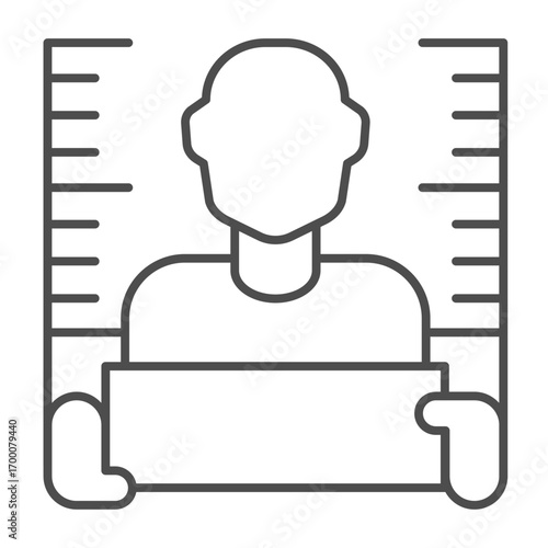 Portrait photo of bandit man thin line icon, police force concept. Vector graphics. Man at ruler with plank, law and order sign on white background, outline style icon for mobile or web design.
