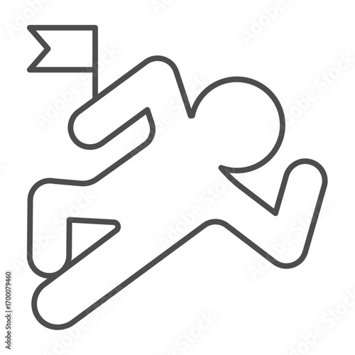 Chalk contour of man with evidence flag thin line icon, police force concept. Vector graphics. Crime scene with human shape sign on white background, outline style icon for mobile or web design.