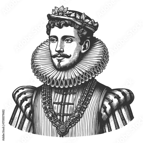 aristocratic man with mustache and beard, wearing ornate clothing and a large ruffled collar sketch engraving generative ai fictional character vector illustration. Scratch board. Black and white.