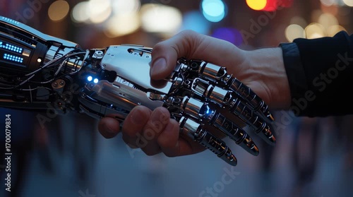 Human Hand Shaking Robotic Hand – Future Technology and AI Collaboration