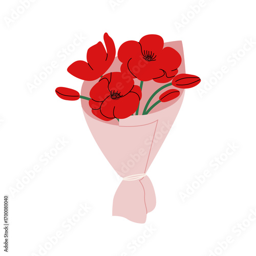 Bouquet with poppies in pink paper. Vector flat illustration of flower bouquet with red poppy flowers. Floral clipart perfect for holiday greeting cards and invitations