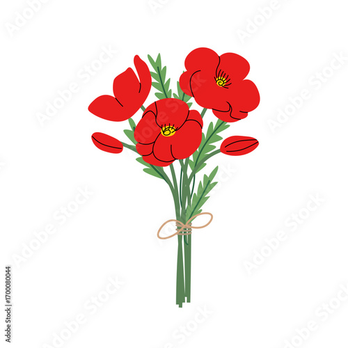 Bunch of poppies on isolated background. Floral bouquet of poppy flowers and leaves hand drawn flat illustration