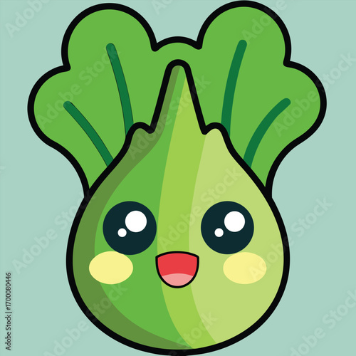 Playful kawaii icon of mustard greens, bitter gourd, and okra with cute eyes and smiles, pastel color palette.