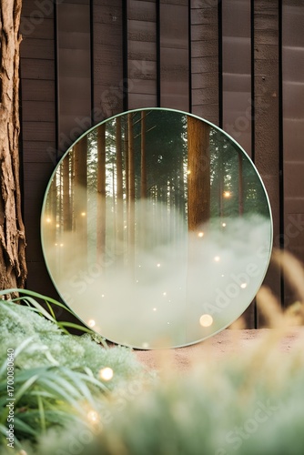 Circular Mirror Reflecting Dreamlike Landscape Vector Illustration
