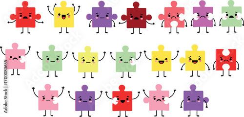 Cartoon puzzle pieces with expressive faces and colorful limbs—ideal for emotion education, children’s content, playful design, and character sets.