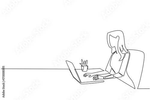 Continuous line drawing of a woman working on laptop with a prosthetic hand, symbolizing digital access and equality for World Day for Assistive Technology in technology concept.