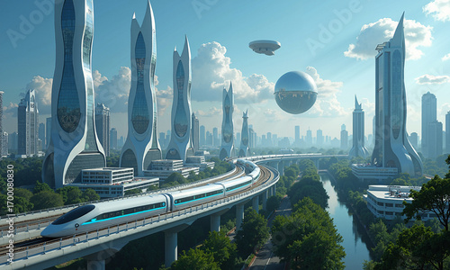 Futuristic city with high speed train