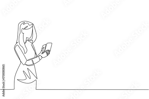 Continuous line drawing of a woman with prosthetic arm using a smartphone, symbolizing innovation, healthcare access, and independence on World Day for Assistive Technology, health concept.