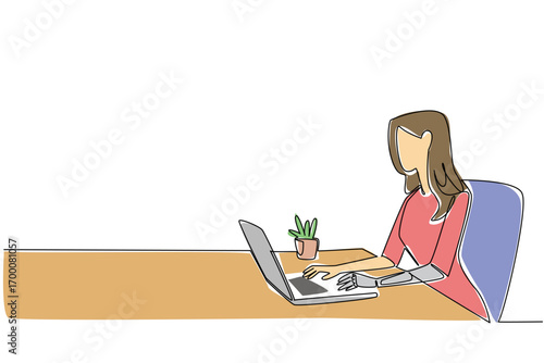 Single line drawing of a woman with a bionic prosthetic arm working on a laptop, symbolizing empowerment, adaptive health concept, and assistive technology for World Day for Assistive Technology.