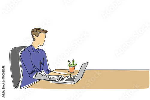 Continuous line drawing of a young man with a bionic arm working on a laptop, symbolizing assistive technology in daily life, health concept, and innovation for World Day for Assistive Technology.