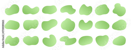 Pastel green gradient amoeba blobs, irregular liquid shapes with noisy texture. Fluid grainy effect elements collection.