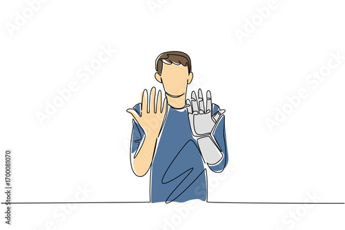 One line drawing of a young man showing his natural hand and bionic prosthetic hand, reflecting inclusion, health concept, and assistive innovation for World Day for Assistive Technology.