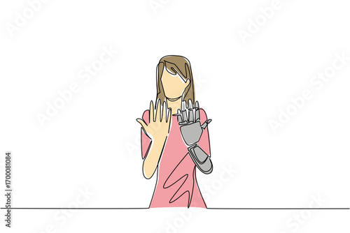 Single line drawing of a woman with a bionic hand alongside her natural hand, symbolizing empowerment, medical innovation, and health concept for World Day for Assistive Technology awareness.