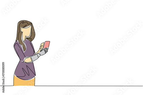 Single line drawing of a woman with prosthetic arm using a smartphone, highlighting accessibility and empowerment through assistive devices, health concept, World Day for Assistive Technology.