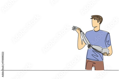 Continuous line drawing of a woman holding a robotic prosthetic arm, representing innovation in assistive health technology and inclusion for World Day for Assistive Technology science concept.