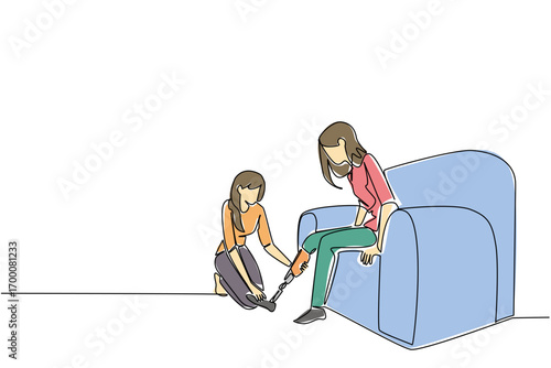 A single line draw of a woman on sofa being assisted with a prosthetic leg, highlighting care and inclusivity in health concept for World Day for Assistive Technology in minimalist illustration style.