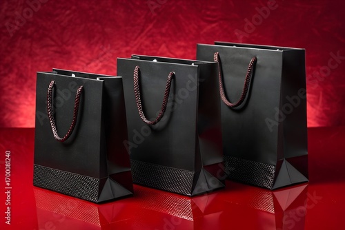 Elegant Black Shopping Bags on Red Background with Textured Handles