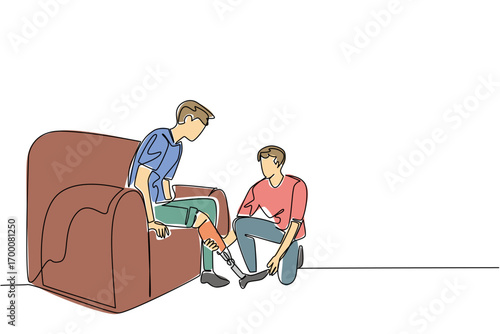 A continuous line draw of a young man on sofa being assisted with a prosthetic leg, representing health concept and inclusivity for World Day for Assistive Technology in minimal illustration style.