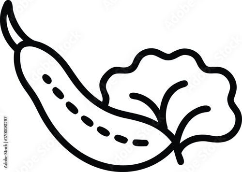 Simple filled icon of mustard greens leaf, bitter gourd silhouette, and okra pod, flat monochrome style.