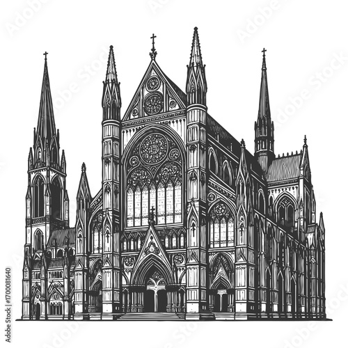 grand gothic cathedral facade with pointed spires, ornate arches, and a large rose window sketch engraving generative ai vector illustration. Scratch board imitation. Black and white image.